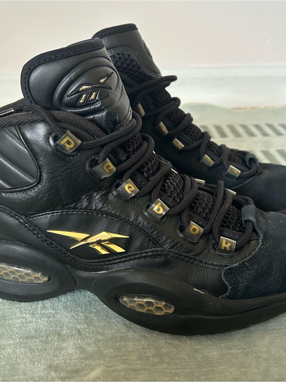 Reebok Question Mid Black and Gold High-Top Basketball Sneakers